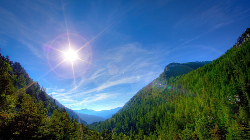 Sunshine over forests in a valley r, sun, rays, mountains, r, forests ...