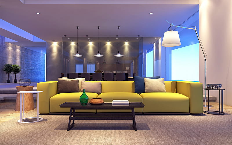 living room, stylish interior design, large yellow sofa, modern interior design, project, HD wallpaper