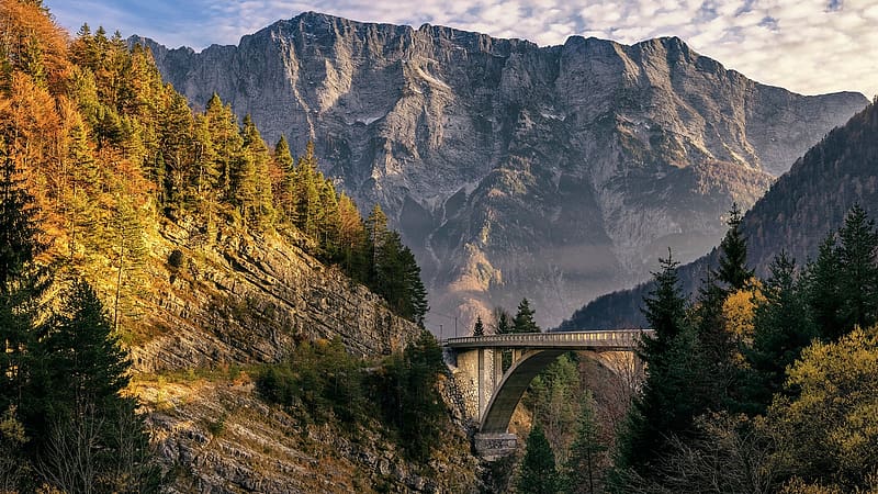 Triglav National Park, Slovenia, sky, rocks, brisge, trees, landscape, clouds, HD wallpaper