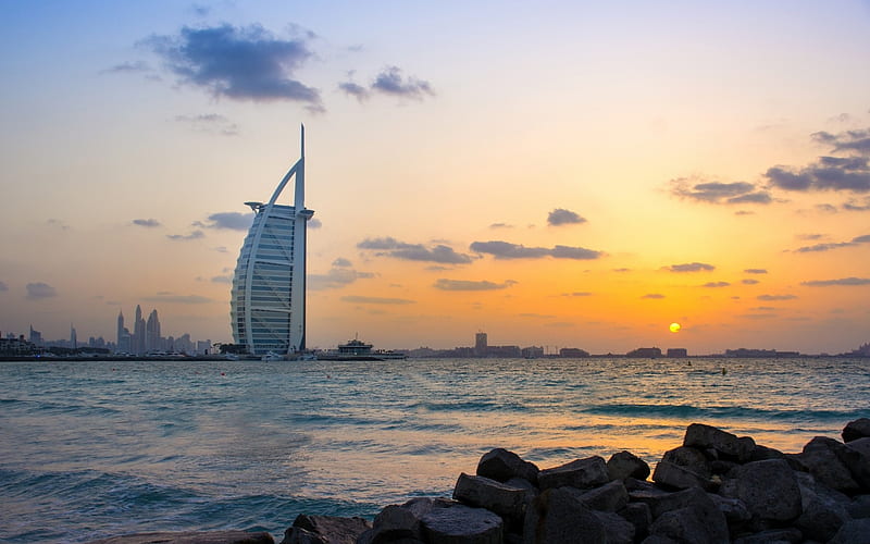 Dubai, morning, sunrise, UAE, Burj Al Arab, luxury hotel, sail, United Arab Emirates, coast, HD wallpaper