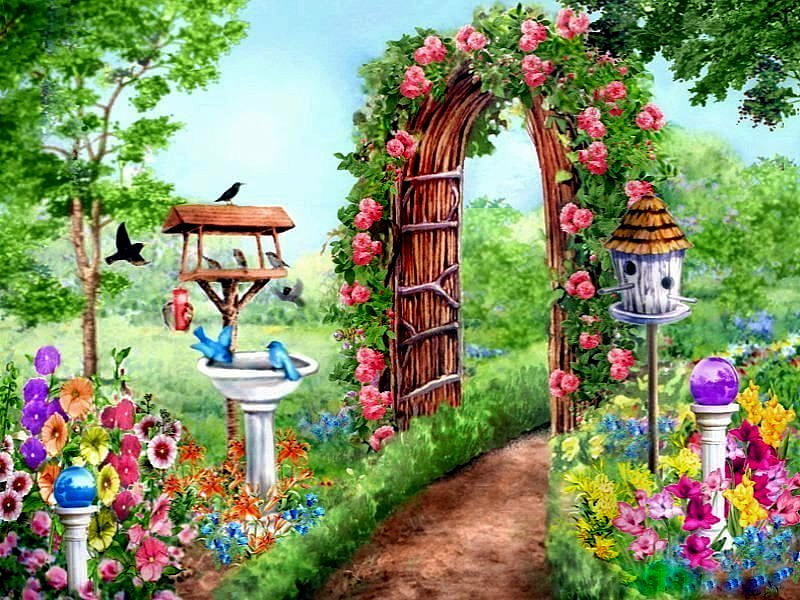 Garden Archway, grass, birdbath, birds, archway, spring, roses, trees, birdhouses, pink roses, arch, painting, flowers, path, garden, gazing balls, HD wallpaper