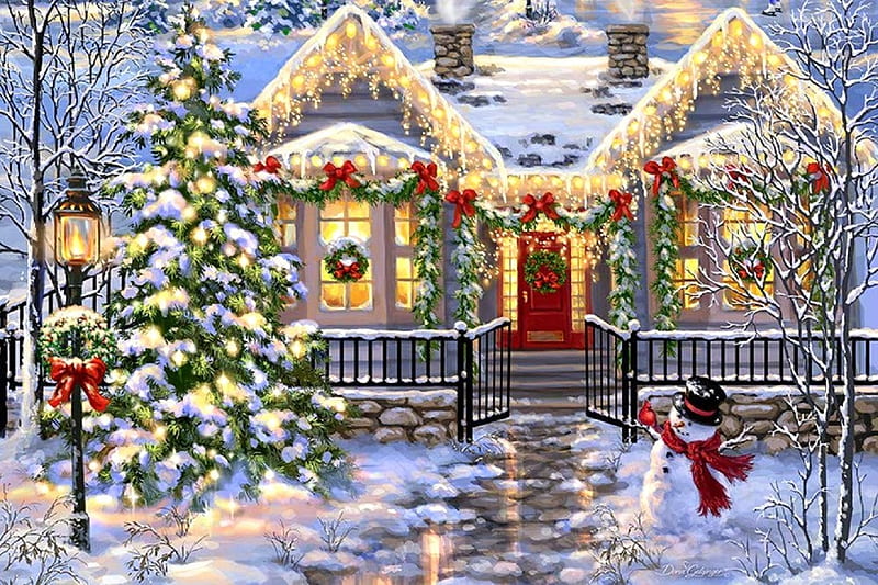 Christmas Home, winter, Christmas, villages, holidays, Christmas Tree, houses, home, love four seasons, snowman, xmas and new year, paintings, snow, decorations, nature, HD wallpaper