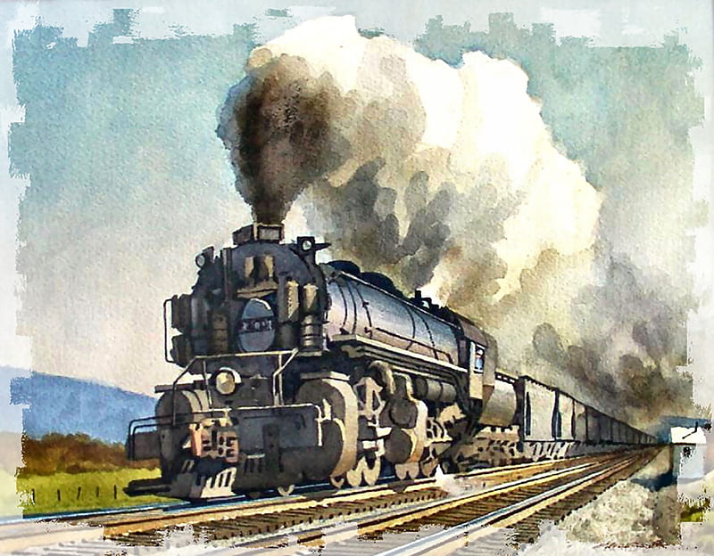 Empty Hoppers , railroad, art, locomotive, bonito, illustration, artwork, train, engine, painting, wide screen, tracks, HD wallpaper