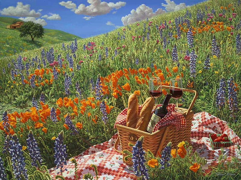 Spring is Here, still life, wine, basket, poppies, bread, flowers, picnin, field, HD wallpaper