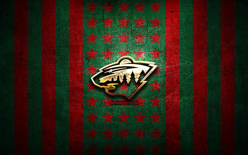 Minnesota Wild flag, NHL, red green metal background, american hockey team, Minnesota Wild logo, USA, hockey, golden logo, Minnesota Wild, HD wallpaper