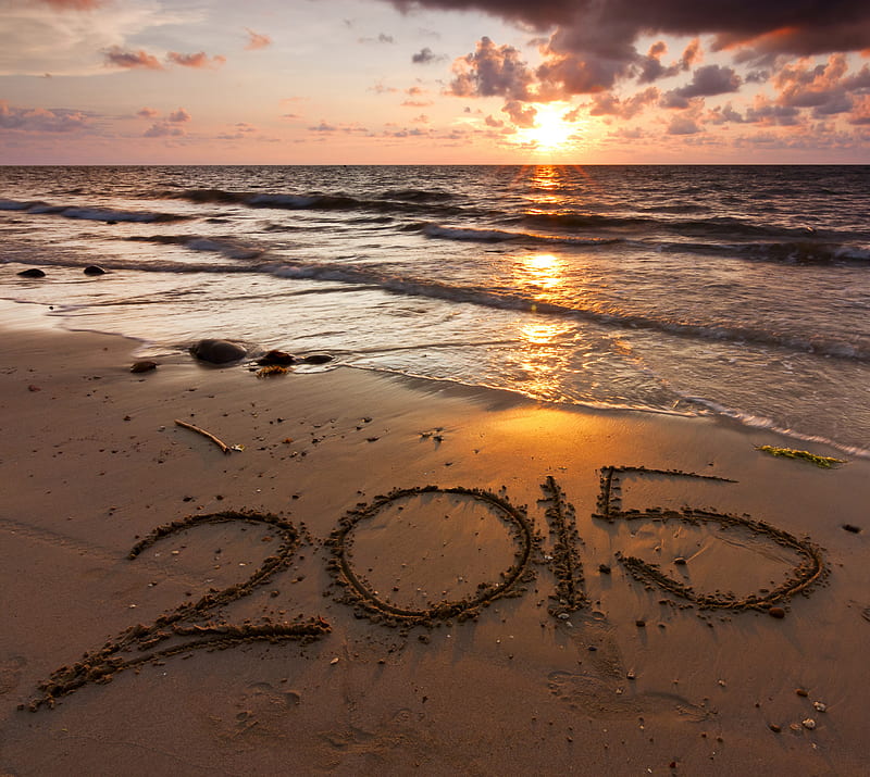 2015, beach sunset, nature, sun, water, waves, HD wallpaper
