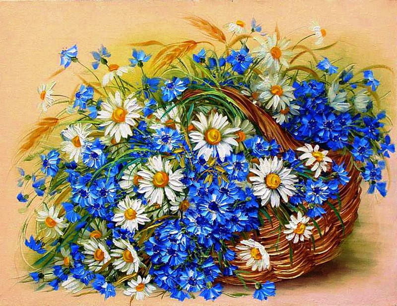 Springtime Flowers, daisies, basket, painting, blossoms, white, artwork, blue, HD wallpaper