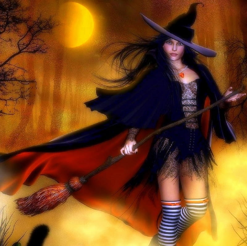 Magic Witch, moons, witch, holiday, halloween, love four seasons, digital art, cat, broom, hat, fantasy, 3d illustration, pumpkin, HD wallpaper