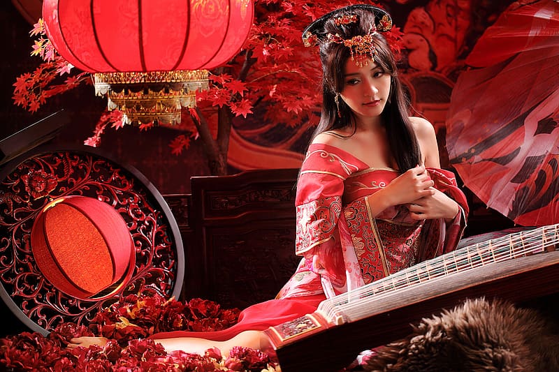 Rose, Lantern, Women, Asian, Instrument, Taiwanese, Traditional Costume, Hair Dress, HD wallpaper