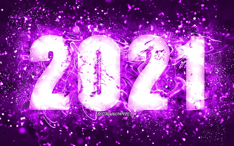Happy New Year 2021 violet neon lights, 2021 violet digits, 2021 concepts, 2021 on violet background, 2021 year digits, creative, 2021 New Year, HD wallpaper