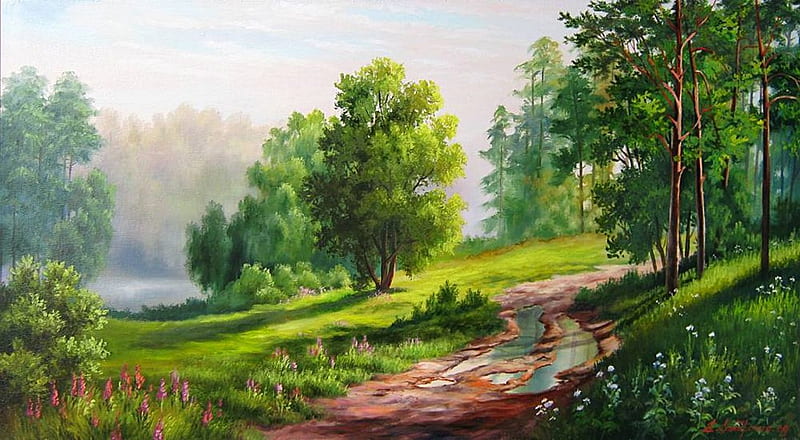 Elena Samarskaya . : To small river., elena samarskaya, art, tree, painting, nature, river, HD wallpaper
