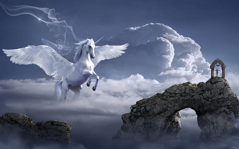 Pegasus, wings, cloud, luminos, unicorn, horse, fantasy, white, blue, HD wallpaper