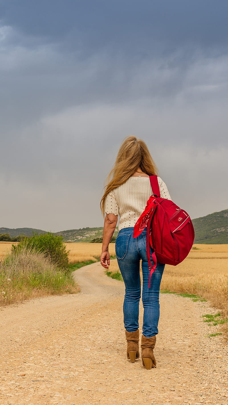 Going away, back, bag, blonde, boots, girl, jeans, nature, rear, red bag, walking, HD phone wallpaper