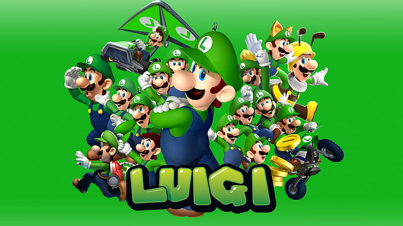 luigi different views with l hat with green background games, HD wallpaper