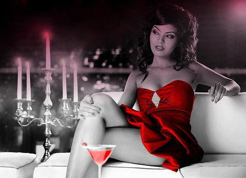 red cocktail, red, cocktail, dress, lady, candles, HD wallpaper