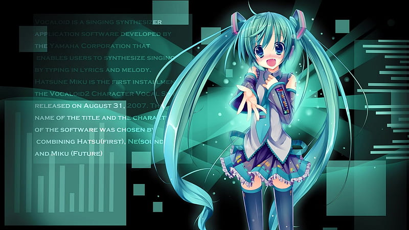 Come, join me! -Hatsune Miku, Black Female, Fanart, Singing Synthesizer, Ahoge, Ponytails, Blush, Cute, Text in background, Vocaloid, Turquoise, Hatsune Miku, Long Hair, Blue eyes, Open mouth, HD wallpaper