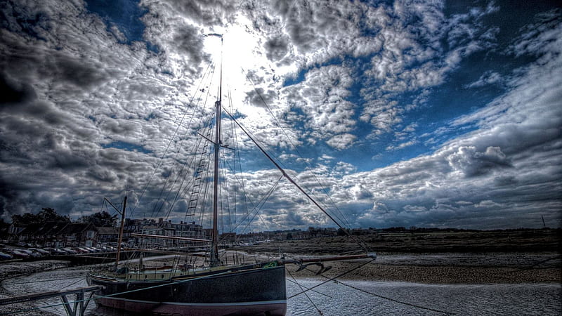 sailboat docked in a harbor r, dock, town, r, sailboat, clouds, sky, harbor, HD wallpaper
