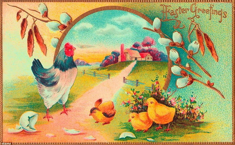 Easter Greetings, egg, house, chicken, painting, poultry, path, artwork, HD wallpaper