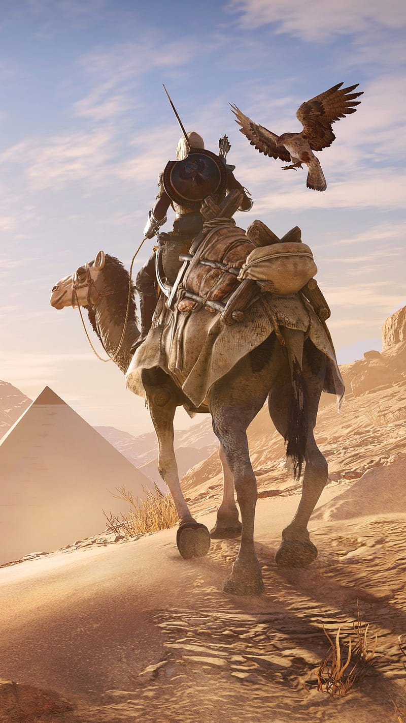 assasins creed, bird, camel, desert, egypt, game, pyramid, warrior, HD phone wallpaper