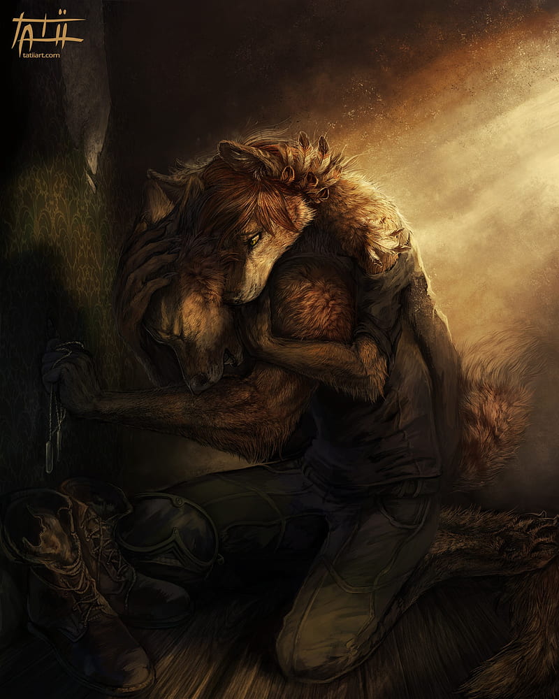 furry, Anthro, boots, Dog Tags, sadness, hugging, HD phone wallpaper