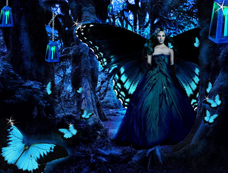 BLUE BUTTERFLY, DRESS, BLUE, WINGS, FEMALE, BUTTERFLIES, NIGHT, FAIRY, FOREST, HD wallpaper