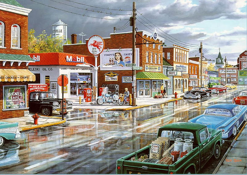 Refections on main street, truck, rain, town, gas, HD wallpaper