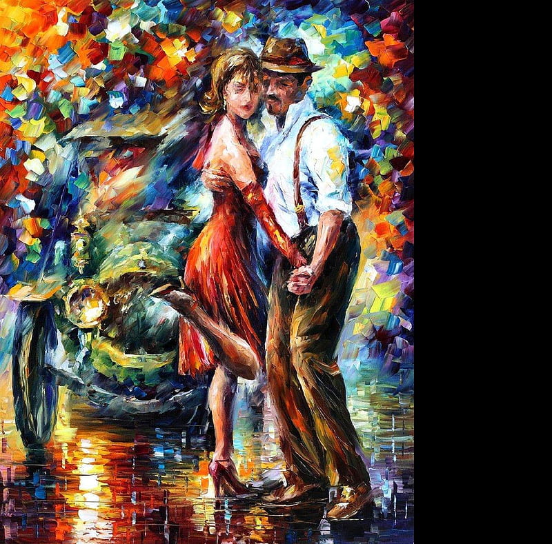 Leonid Afremov - Old Tango, for David (NewRock), art, tango, music, man, woman, old, love, car, painting, passion, dance, leonid afremov, HD wallpaper