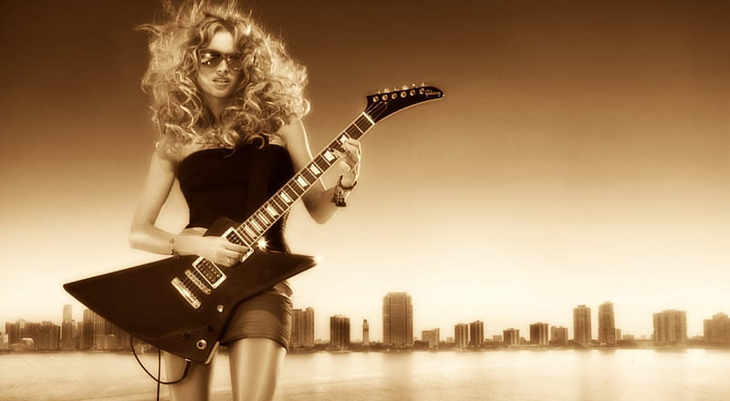Rock N Roll Girl ~, Guitar, Sepia, Rock N Roll, City, Music, Beauty, bw, Play, Girl, HD wallpaper