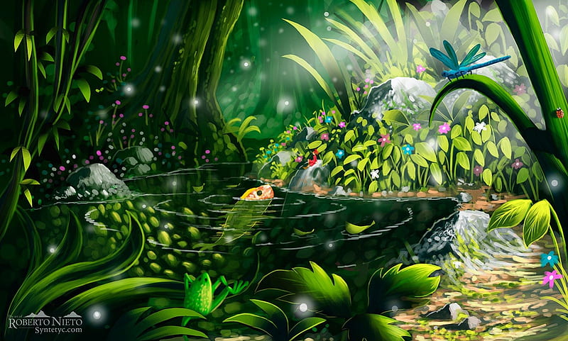 **Arrietty**, pretty, Airbrushing, Movies, Digital Art, flowers, beauty, Painting, forests, insects, animals, fishes, lovely, TV, Arrietty, butterflies, trees, fireflies, pond, cute, water, ladybug, Fan Art, dragonflies, plants, HD wallpaper