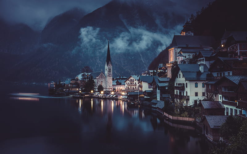 Hallstatt, darkness, lake, mountains, Austria, HD wallpaper