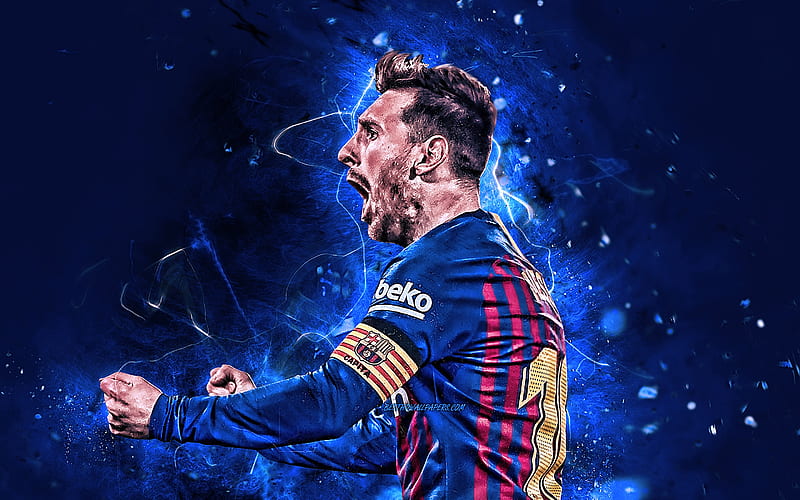 Lionel Messi, 2019, joy, football stars, Barcelona FC, side view, argentinian footballers, FCB, Leo Messi, La Liga, Messi, soccer, neon lights, LaLiga, Spain, Barca, HD wallpaper