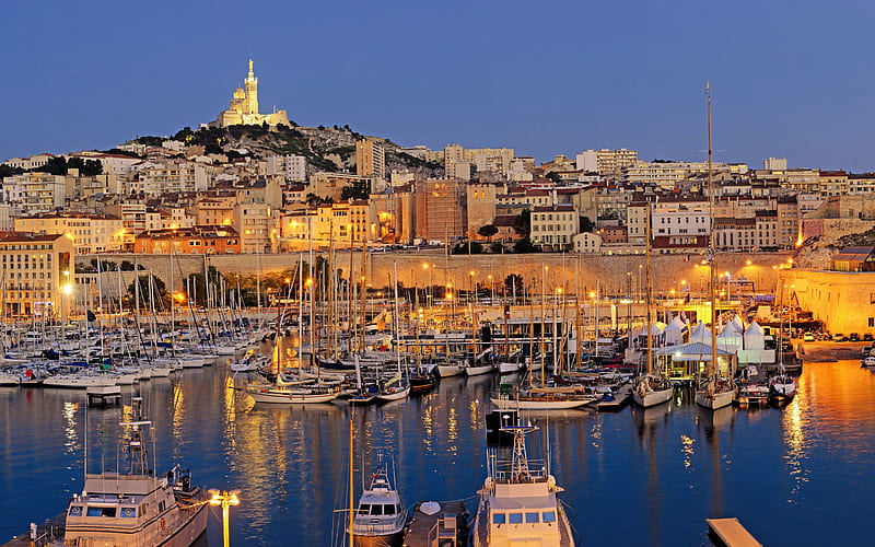 Marseille, french city, sunset, port city, evening, yachts, boats, France, HD wallpaper