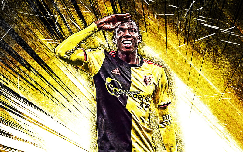 Abdoulaye Doucoure, grunge art, french footballers, Watford FC, England, soccer, Premier League, yellow abstract rays, Abdoulaye Doucoure Watford, HD wallpaper