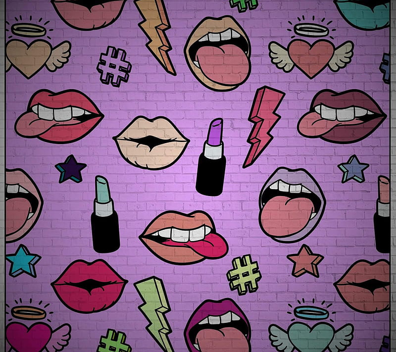 Mural, angel, lips, lipstick, thunder, wings, HD wallpaper