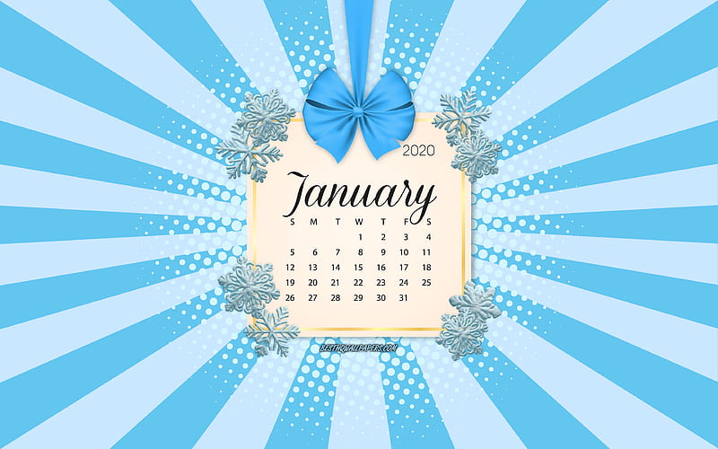 2020 January Calendar, blue background, winter 2020 calendars, January, 2020 calendars, snowflakes, retro style, January 2020 Calendar, calendar with snowflakes, HD wallpaper