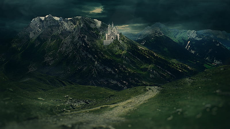 castle on a mountainside, rocks, castle, mountains, dark, HD wallpaper