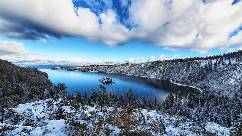 Emerald Bay, Lake Tahoe, California, sky, snow, usa, winter, clouds, HD wallpaper