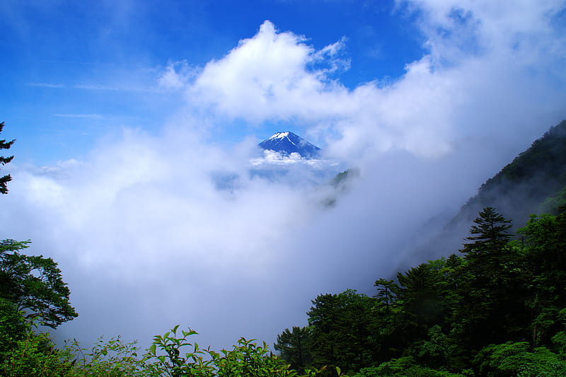 mountain, peak, clouds, height, landscape, HD wallpaper