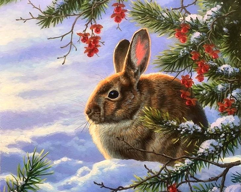 Winter Solace, rabbit, paintings, snow, love four seasons, nature