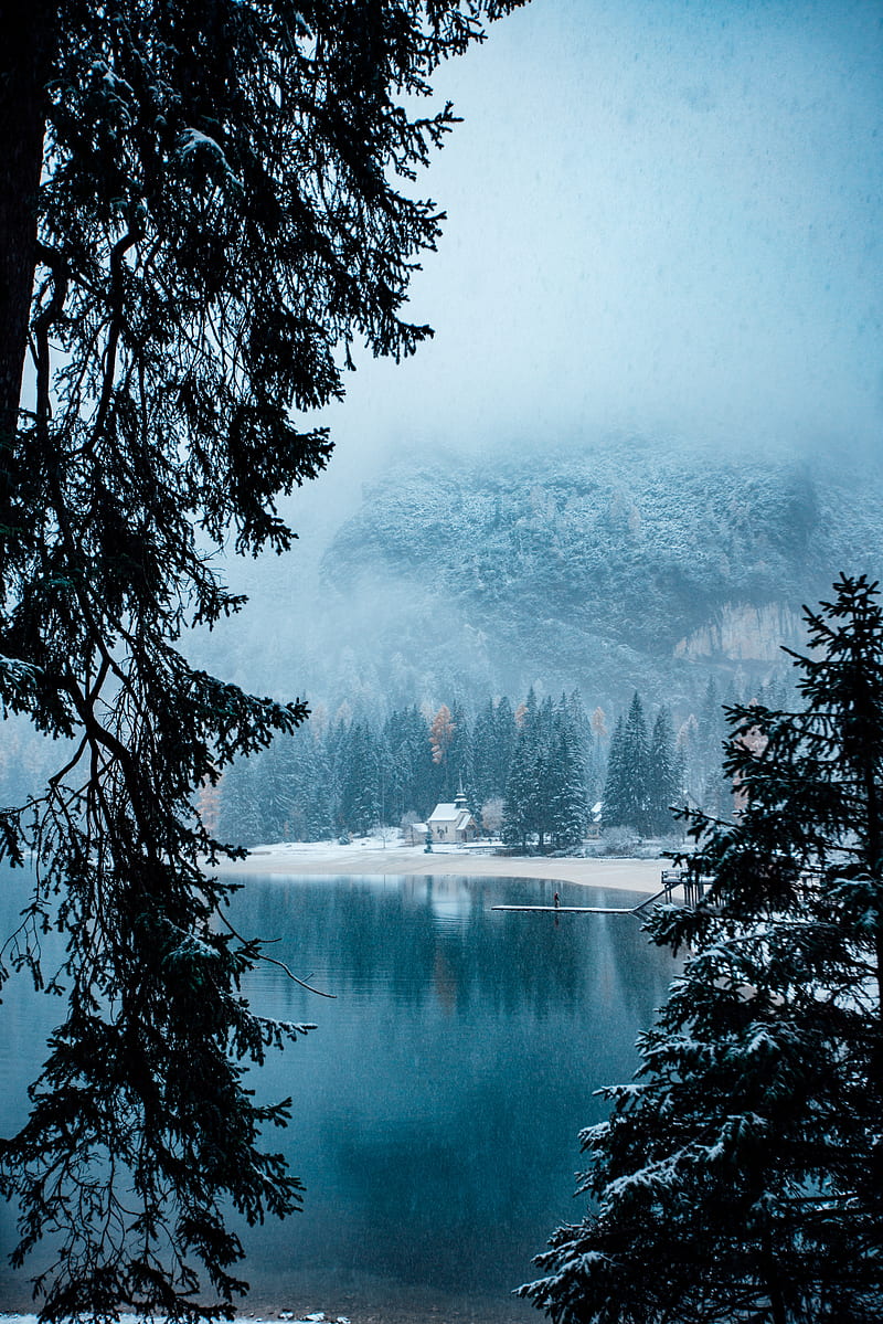 lake, shore, winter, blizzard, landscape, HD phone wallpaper
