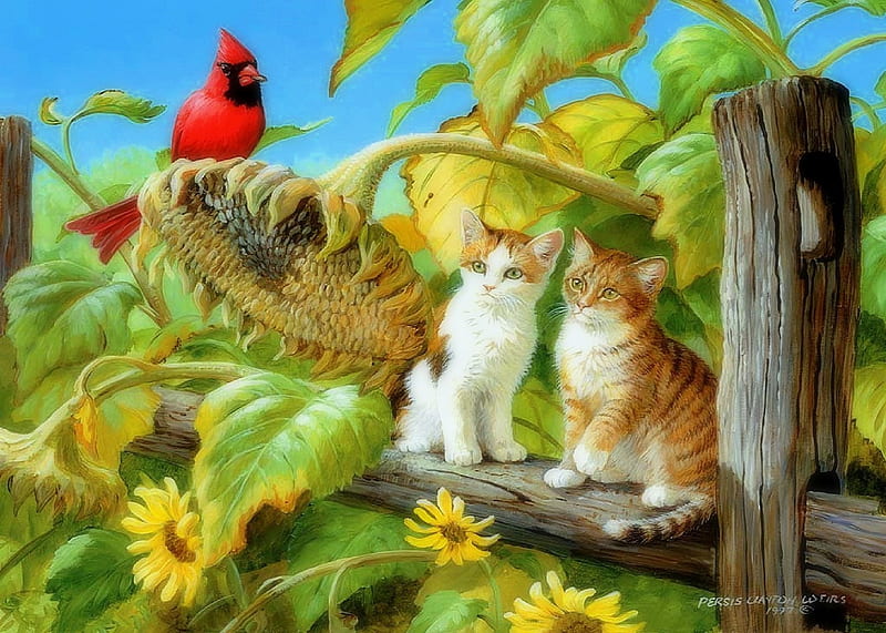 ★Harvest Time of Summer★, gardening, love four seasons, kittens, birds, sunflower, creative pre-made, paintings, harvests, summer, flowers, nature, cats, animals, HD wallpaper