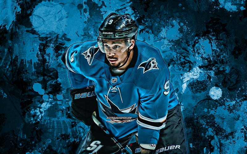 Evander Kane, blue paint splashes, San Jose Sharks, NHL, hockey stars, Kane Sharks, hockey, grunge art, USA, hockey players, HD wallpaper