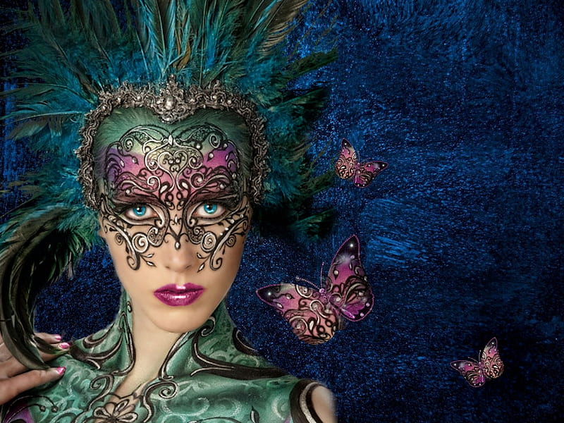 Peacock Headdress Mask Combo, artistic, pretty, stunning, bold, breathtaking, headdress mask combo, bonito, woman, women, feminine, gorgeous, blue, daring, female, lovely, model, black, butterflies, creative, girl, purple, headdress, mask, HD wallpaper
