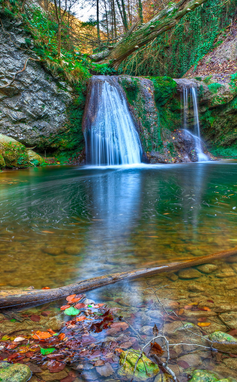 Autumn waterfall, autumn, beutiful, forest, nature, peaceful, peacefull, waterfall, HD phone wallpaper