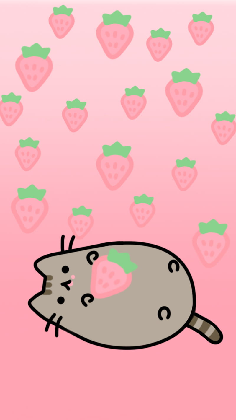 Strawberry pusheen, cat, cute, kawaii, kitty, pastel, peach, pink, pusheen, strawberry, HD phone wallpaper