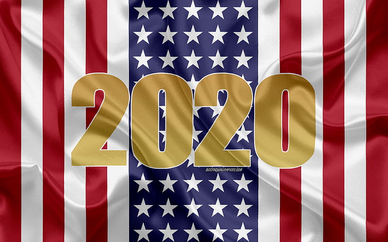Happy New Year 2020, USA, 2020 USA, New Year 2020, 2020 concepts, USA flag, silk texture, white flag, American flag, Happy New Year USA, HD wallpaper