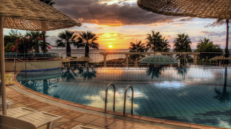 beautiful sunset over resort pool at seaside r, resort, r, sunset, pool, sea, HD wallpaper