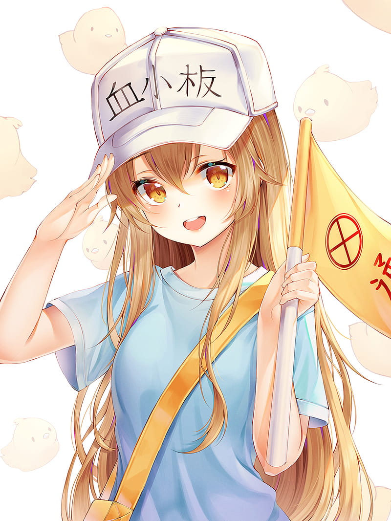 Platelet-chan, Hataraku Saibou, anime girls, loli, Mellozzo, baseball caps, T-shirt, flag, long hair, blonde, orange eyes, HD phone wallpaper