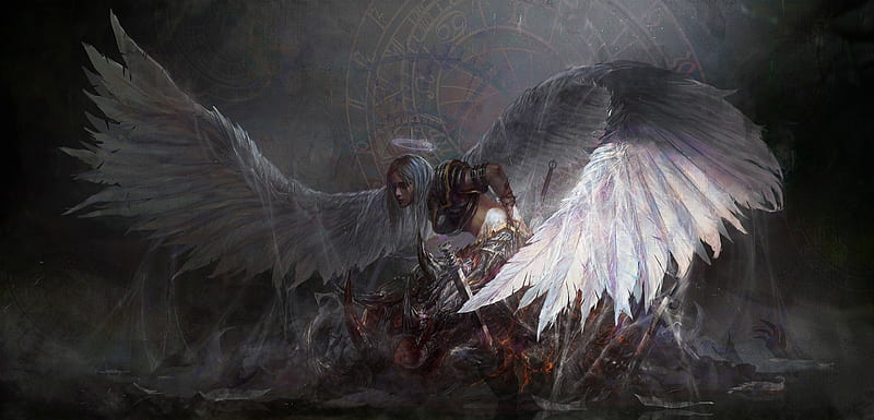 Angel, art, fantasy, wings, luminos, girl, feather, tian zi, white, HD wallpaper
