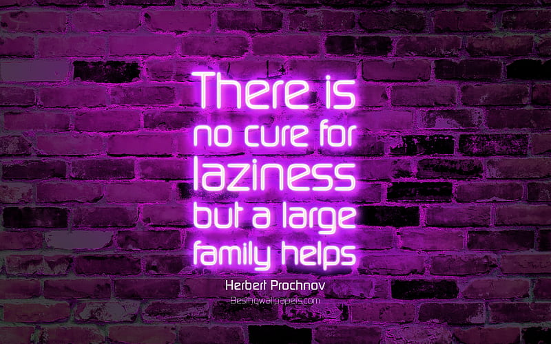 There is no cure for laziness but a large family helps violet brick wall, Herbert Prochnov Quotes, neon text, inspiration, Herbert Prochnov, quotes about family, HD wallpaper